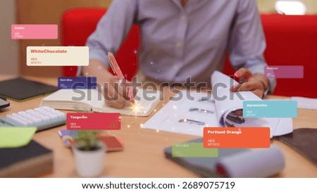 Creative professional hands busy developing modern color scheme Planning visual identity using diverse palette Inspiration at office workspace