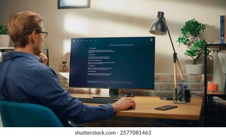 Creative Prompt Engineer Sits at a Desk Using a Computer, Using AI Chatbot Virtual Assistant. Ai-powered Tool Enhances Task Management and Boosts Efficiency Through Intelligent Productivity Assistance