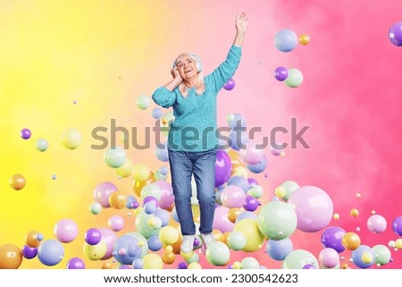Creative psychedelic template collage of senior aged woman celebrate event dancing with aqua flying ball blobs listen headset song