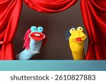 Creative puppet show on stage with red curtains
