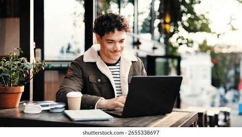 Creative, remote work and man with laptop, cafe and email marketing on website, research and online. Freelance, copywriter and person with tech for article, coffee shop and typing project on app