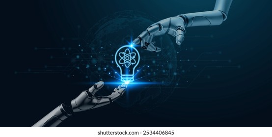 A creative representation of artificial intelligence and innovation, showcasing a robotic hand touching a glowing light bulb. - Powered by Shutterstock