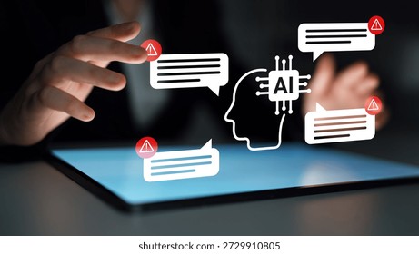 A creative representation of artificial intelligence, showcasing a person hands engaging with a tablet displaying AI-related chat bubbles and warnings about technology. Gantry
