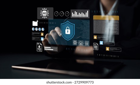 A creative representation of digital security concepts showcasing a tablet with various cybersecurity visualizations and data protection graphics in a modern setting. Gantry