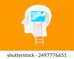 Creative representation of a human head silhouette with a window to the sky, symbolizing imagination and aspirations, complemented by a ladder.