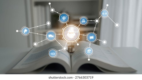 A creative representation of knowledge sharing featuring a light bulb atop an open book, surrounded by infographic icons symbolizing ideas and networking. Crux