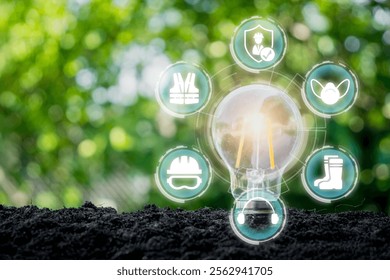 Creative representation of work safety with a glowing light bulb and safety icons, symbolizing innovation and protection. - Powered by Shutterstock