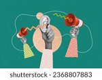 Creative retro 3d magazine collage image of ear listening bullhorn announcement isolated green color background