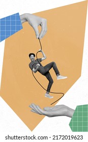 Creative Retro 3d Magazine Collage Of Guy Climbing Rope Up Holding By Palms Arms Isolated Drawing Background