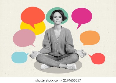 Creative retro 3d magazine collage dreamy happy girl practicing yoga having many ideas isolated beige color background
