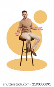 Creative Retro 3d Magazine Collage Of Cheerful Guy Have Free Time Break Sitting Bar Chair Talking Friends Working Interview Recruiter