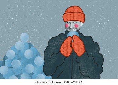 Creative retro 3d magazine collage image of tricky cunning guy playing snow balls isolated grey color background