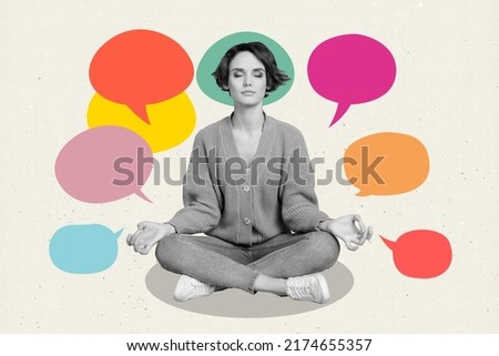 Creative retro 3d magazine collage of dreamy happy girl practicing yoga having many ideas isolated beige color background