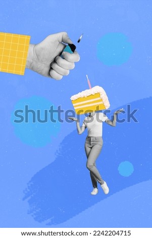 Creative retro 3d magazine collage image of arm firing lady birthday pie instead of head isolated painting background