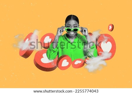 Creative retro 3d magazine collage image of smiling happy lady getting 14 february likes isolated painting background