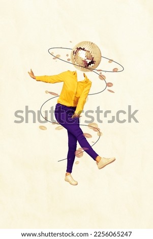 Creative retro 3d magazine collage image of carefree funny lady disco ball instead of head having fun isolated painting background