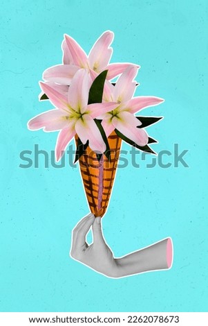 Creative retro 3d magazine collage image of arm holding flowers ice cream isolated painting background