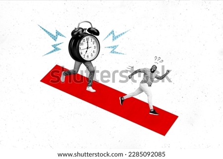 Creative retro 3d magazine collage image of funny funky guy running away ringing alarm isolated painting background