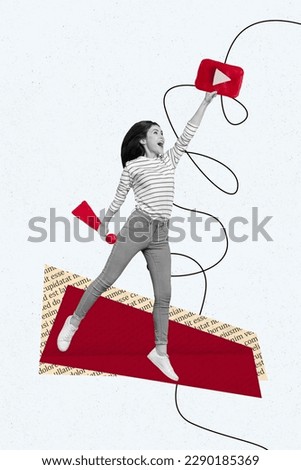Creative retro 3d magazine collage image of excited funky lady loading videos youtube channel isolated painting background