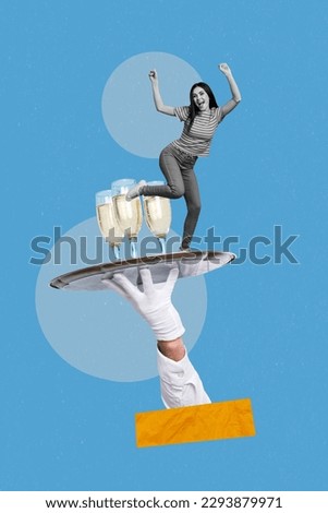 Creative retro 3d magazine collage image of excited carefree lady dancing arm holding tray isolated colorful background