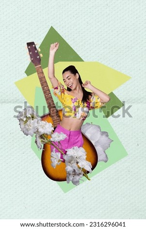 Creative retro 3d magazine collage image of smiling carefree lady enjoying acoustic music isolated colorful background