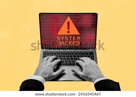 Creative retro 3d magazine collage image of businessman discovered his computer system hacked isolated yellow color background