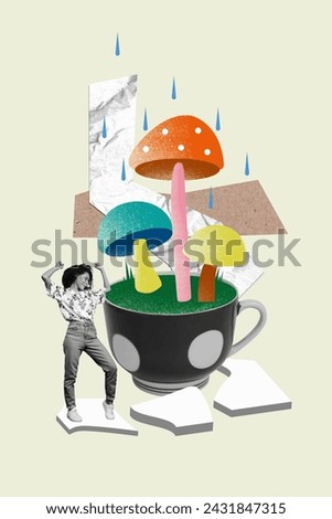Creative retro 3d magazine collage image of funky lady wathing mushrooms growing tea cup isolated beige color background