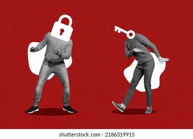 Creative retro 3d magazine image of funny funky guys key lock instead of heads isolated painting background