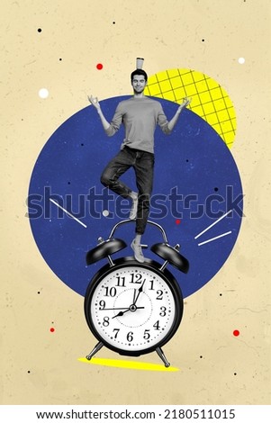 Creative retro 3d magazine image of resting relaxing guy standing clock planning morning isolated drawing background