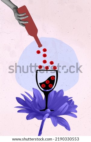 Creative retro 3d magazine image of arm holding wine bottle pouring wine flower glass isolated painting background