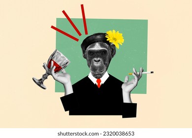 Creative retro collage of funky chimpanzee drinking wine smoking cigarettes isolated beige color background