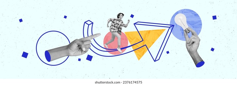 Creative retro magazine collage of purposeful excited lady running achieving success isolated colorful background