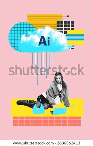 Creative retro pixel design. Remote learning support shows teen girl studying on laptop under AI cloud in colorful geometric space. Concept of education, online class, help, teenage study