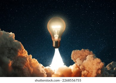 Creative rocket light bulb glows with smoke and blast successfully lift off into the starry sky space. Business start up launch and successful idea, concept. New idea and thoughts. Science