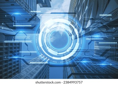 Creative round blue hi-tech pattern on blurry city wallpaper. Double exposure