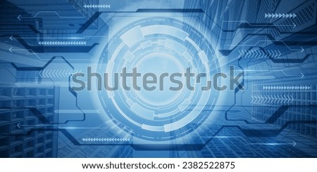 Creative round blue hi-tech pattern on blurry city background. Double exposure