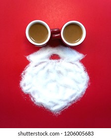 Creative Santa Claus Made Of Coffee Cup, Sugar White Beard On Red Background For Merry Christmas Theme New Year 2022 Celebrate Seasons Greetings Decoration Idea Image Design Symbol On Happy Holiday