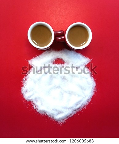 Creative Santa Claus made of coffee cup, Sugar white beard on red background for Merry Christmas theme New Year 2023 celebrate Seasons Greetings decoration idea image design symbol on Happy holiday
