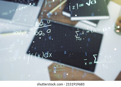 Creative scientific formula concept and modern digital tablet on background, top view. Multiexposure