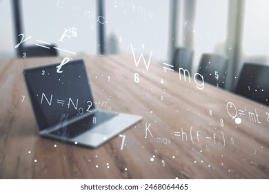Creative scientific formula concept on modern laptop background. Multiexposure