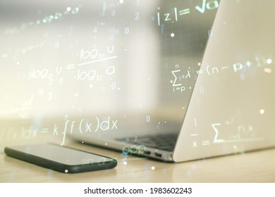 Creative scientific formula hologram on modern laptop background, research concept. Multiexposure
