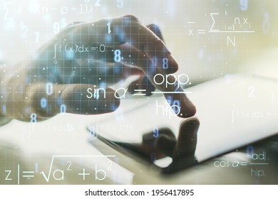 Creative scientific formula illustration with finger presses on a digital tablet on background, science and research concept. Multiexposure