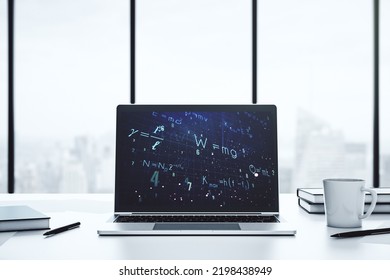 Creative scientific formula illustration on modern computer monitor, science and research concept. 3D Rendering