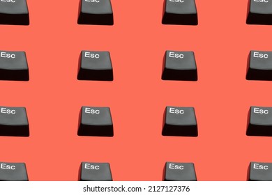 Creative seamless pattern of Esc buttons (escape keyboard key) on red background. Isometric view. Escape from dept, love, bad situation, relationship etc. Flat lay.