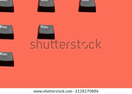 Creative seamless pattern of Esc buttons (escape keyboard key) on red background. Isometric view. Escape from dept, love, bad situation, relationship etc. Flat lay.