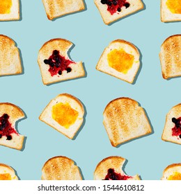 Creative seamless pattern or set of toasted bread with tasty different jam on light blue color background in pop-art style.Modern minimal food photography collage.Morning breakfast brunch concept