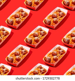 Creative Seamless Pattern Of Spaghetti And Meatballs With Tomato Sauce In Takeaway Packaging Box On Red Background In Pop-art Style.Restaurant Food Delivery Concept.Photography Collage