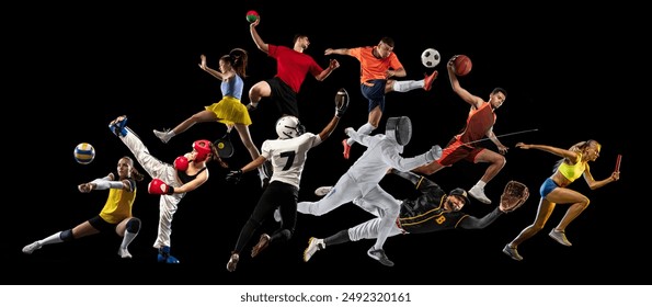 Creative set, collage with different athletes, man and woman practicing various spot isolated on black background. Banner. Concept of professional sport, competition, tournament, achievements - Powered by Shutterstock