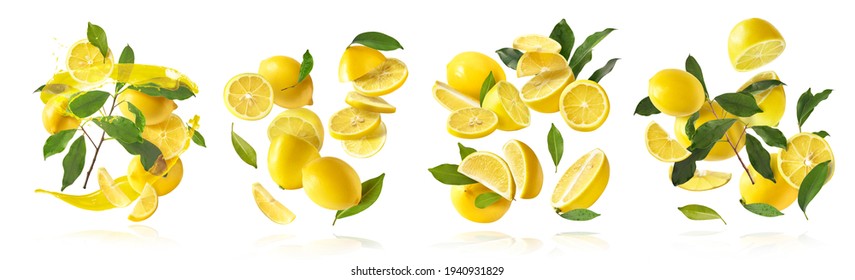 A creative set with Fresh raw whole and cut lemons with green leaves falling in the air isolated on white background. Food levitation or zero gravity conception. High resolution image - Shutterstock ID 1940931829