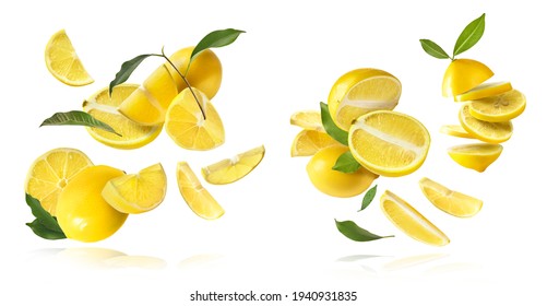 A creative set with Fresh raw whole and cut lemons with green leaves falling in the air isolated on white background. Food levitation or zero gravity conception. High resolution image - Shutterstock ID 1940931835